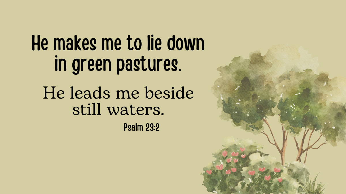 Psalm 23:2 verse on a light green background with trees